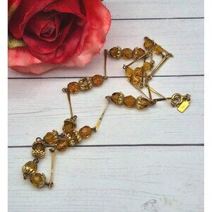 Vintage ACT II Gold Tone & Amber Color Bead Bar Link Collar Necklace 22" Dainty